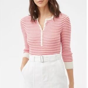 Rebecca Pink and White Striped Henley Top Medium